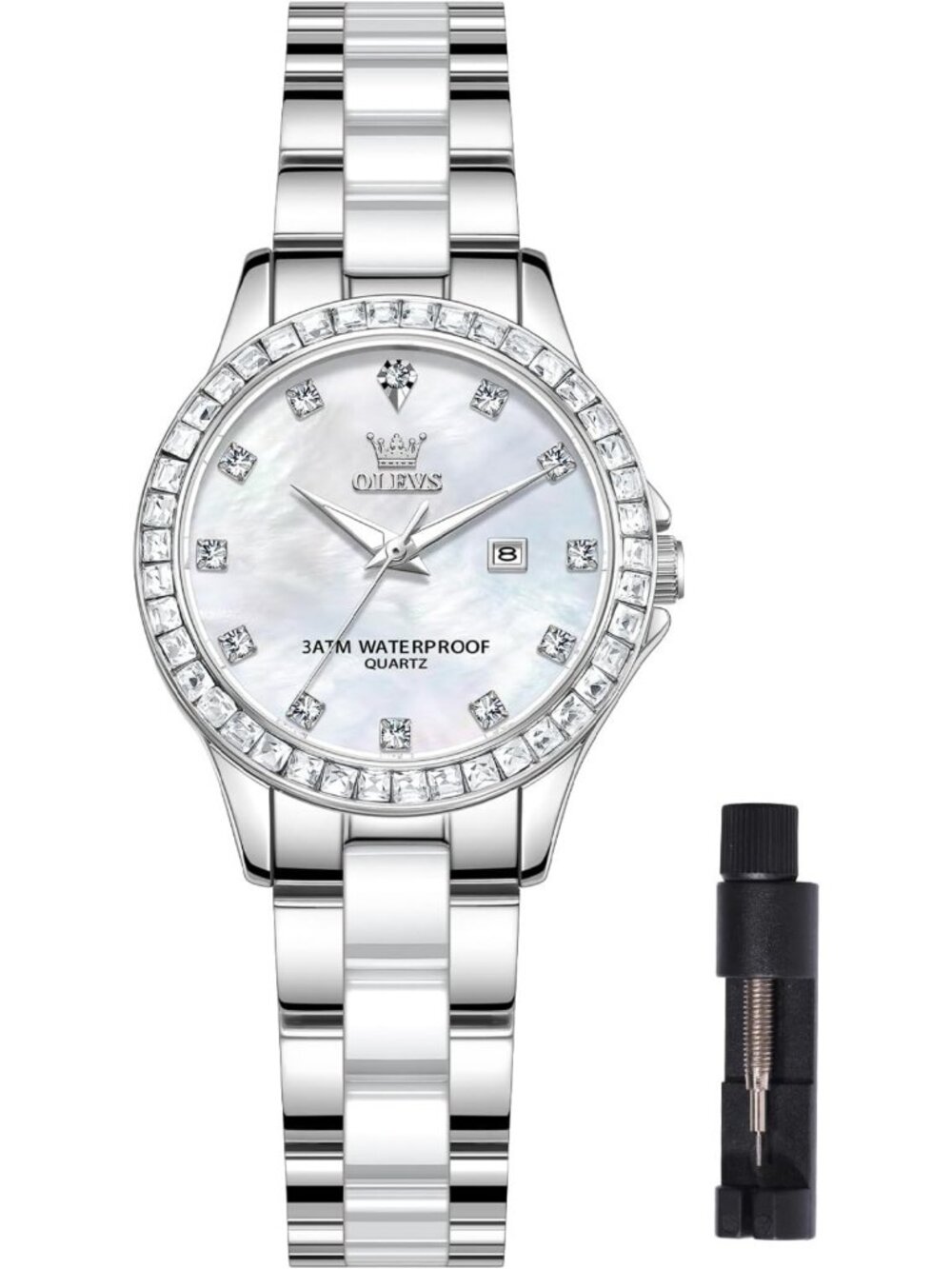 Chic Women's Ceramic & Stainless Steel Watch with Mother of Pearl Dial